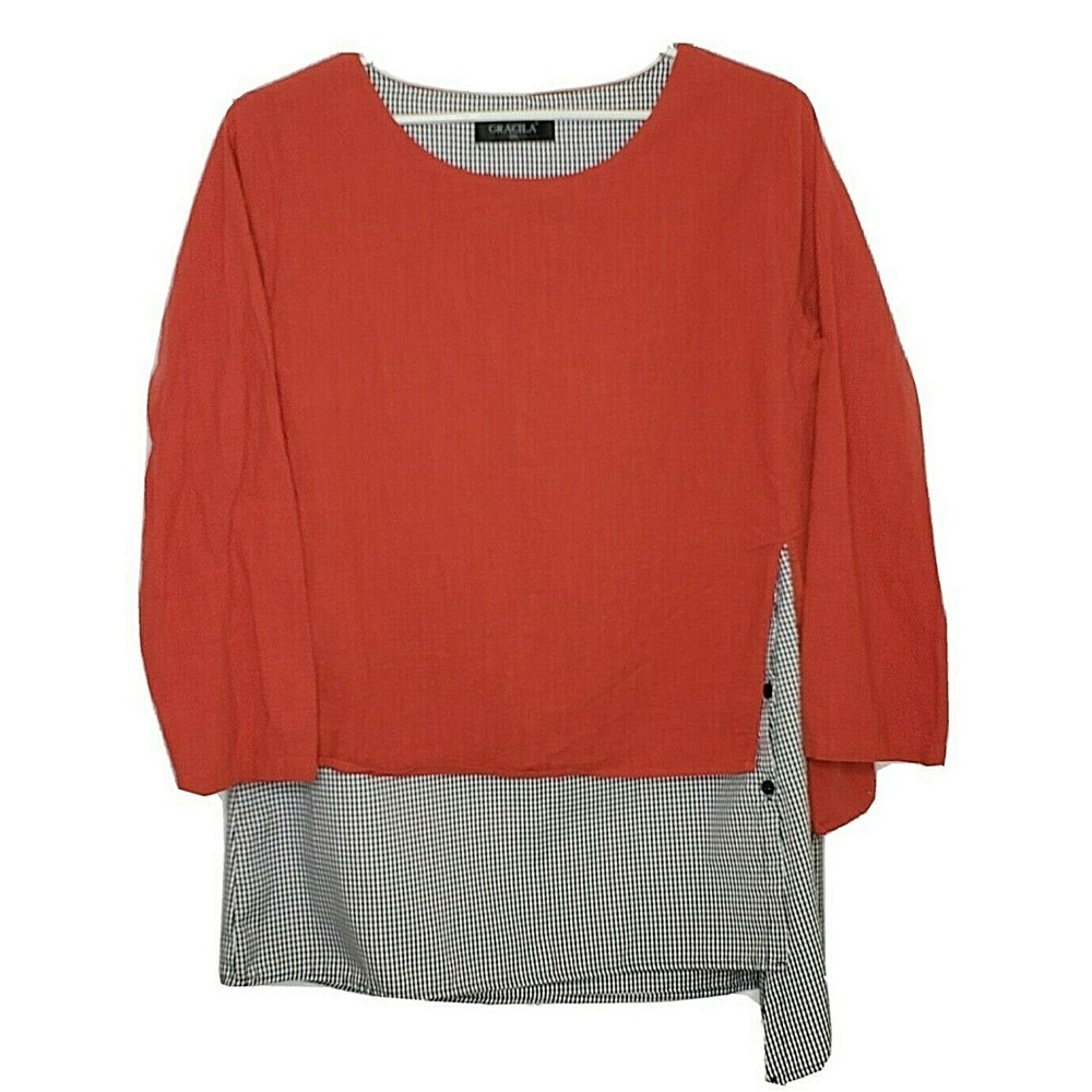 Gracila Women's Top 2X L/S Orange Black White Plaid Layered Side‎ Button Blouse